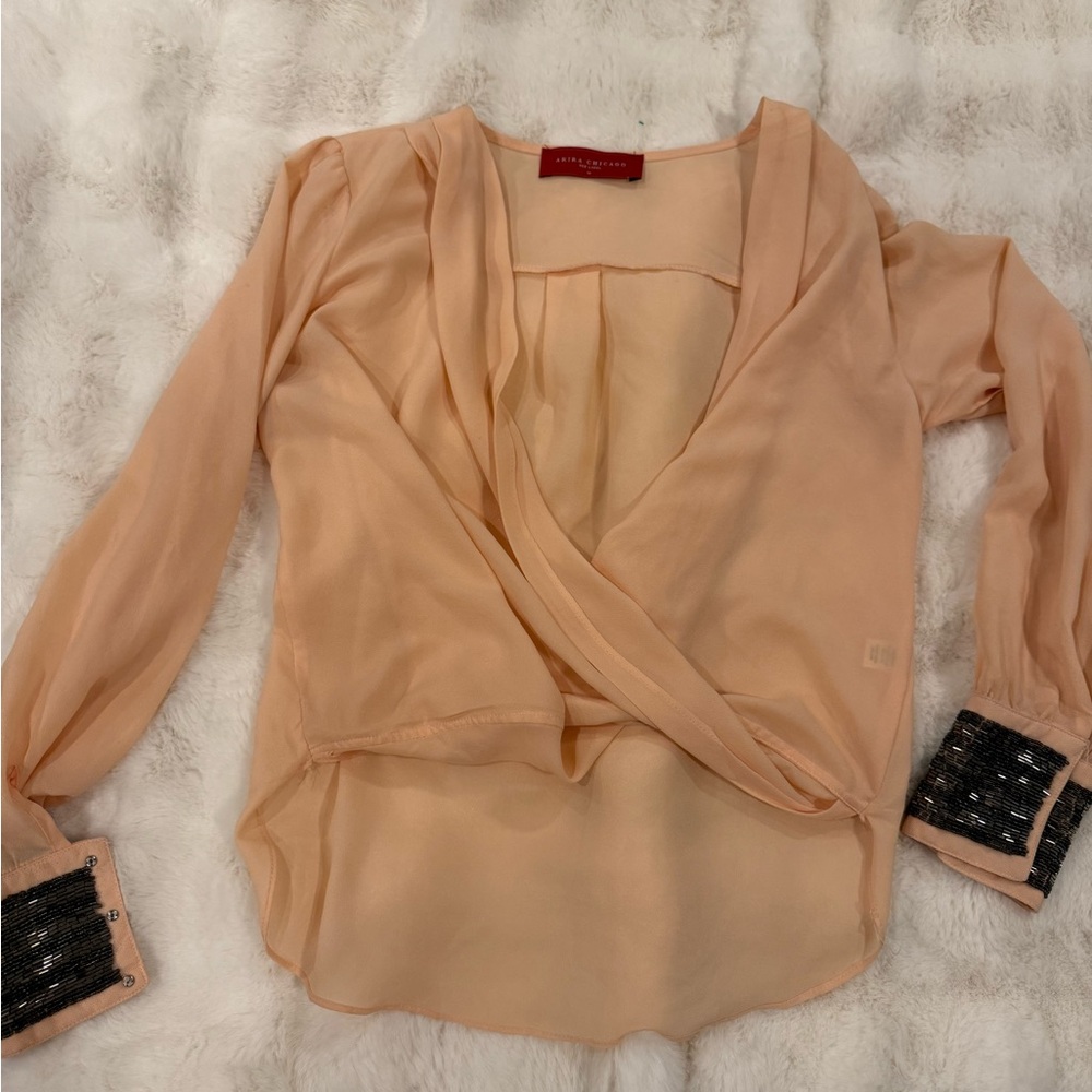 AKIRA Peach Wrap Blouse with Black Sequin Cuffs